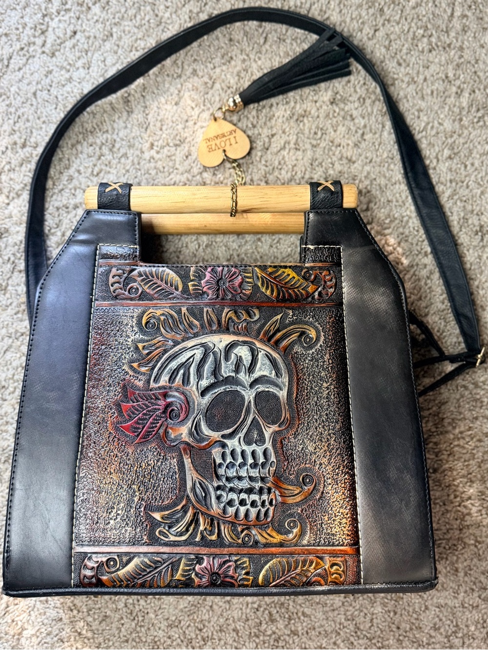 Leather Skull-Embossed Satchel Bag in Black and Multicolor